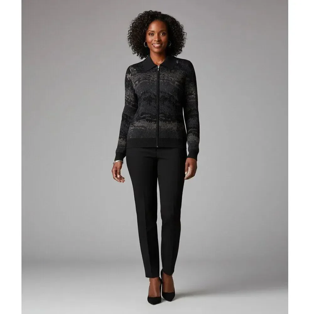 St. John Black Glitter Knit Zip Jacket Cardigan M - Abstract Print Wool Blend